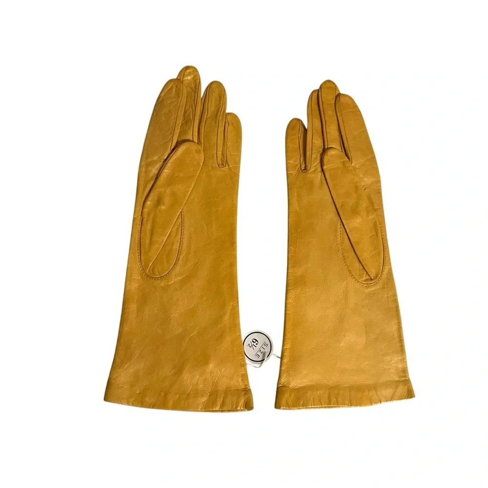 Vintage Aris Womens 100% Silk Lined Leather Gloves Size 6.5 Yellow